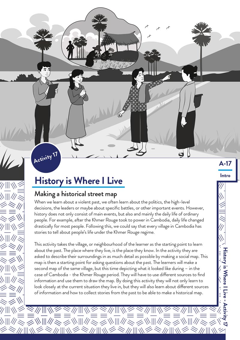 Image of a page from a training manual on Violent Past, the page has an illustration of four people set against a Cambodian landscape with palm trees on the horizon. An older woman points to the right, with a thought bubble to her left showing a thatch-roofed open hut with two people planting rice, alongside the silhouette of a Khmer Rouge soldier holding a gun. The title 'History is Where I Live' appears in a text box designed to resemble a tabbed file folder.